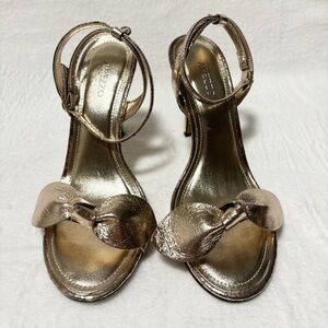 AREZZO Alaia High Stiletto Sandals Gold Metallic Bow 7.5B